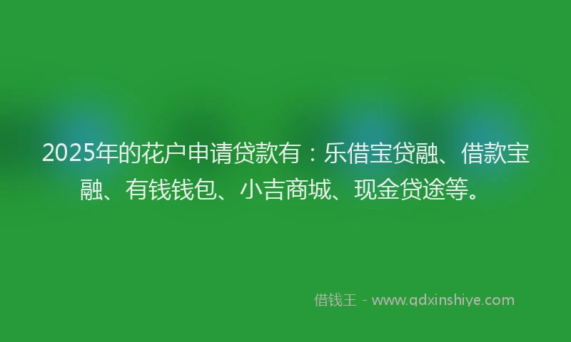 2025年的花户申请贷款有:乐借宝贷融、借款宝融、有钱钱包、小吉商城、现金贷途等。