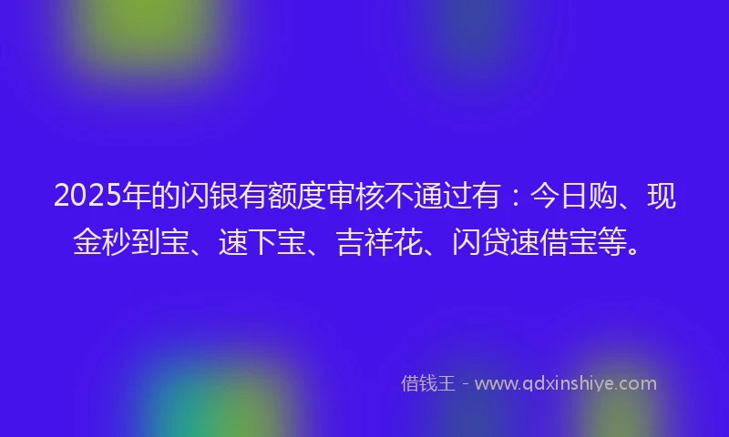 2025年的闪银有额度审核不通过有：今日购、现金秒到宝、速下宝、吉祥花、闪贷速借宝等。