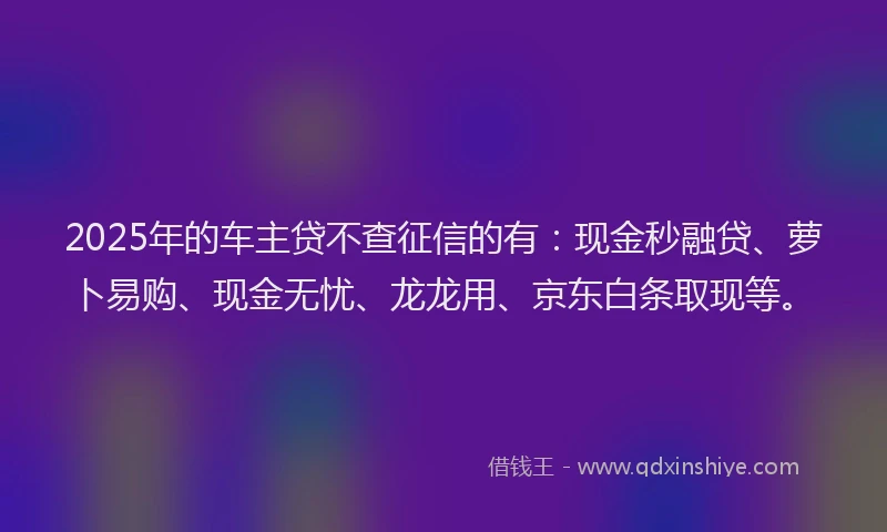 2025年的车主贷不查征信的有:现金秒融贷、萝卜易购、现金无忧、龙龙用、京东白条取现等。