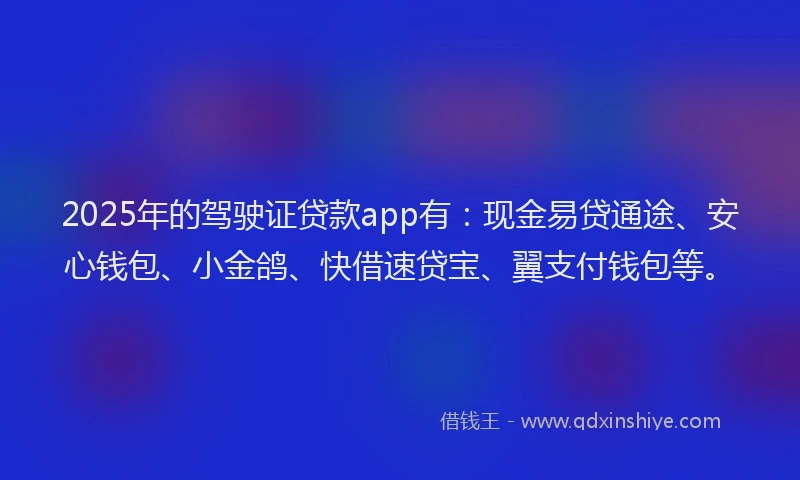 2025年的驾驶证贷款app有：现金易贷通途、安心钱包、小金鸽、快借速贷宝、翼支付钱包等。