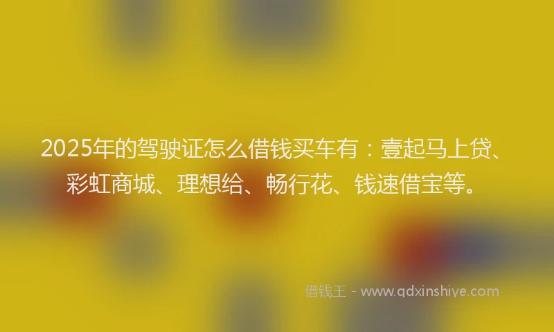 2025年的驾驶证怎么借钱买车有:壹起马上贷、彩虹商城、理想给、畅行花、钱速借宝等。