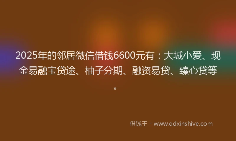 2025年的邻居微信借钱6600元有:大城小爱、现金易融宝贷途、柚子分期、融资易贷、臻心贷等。