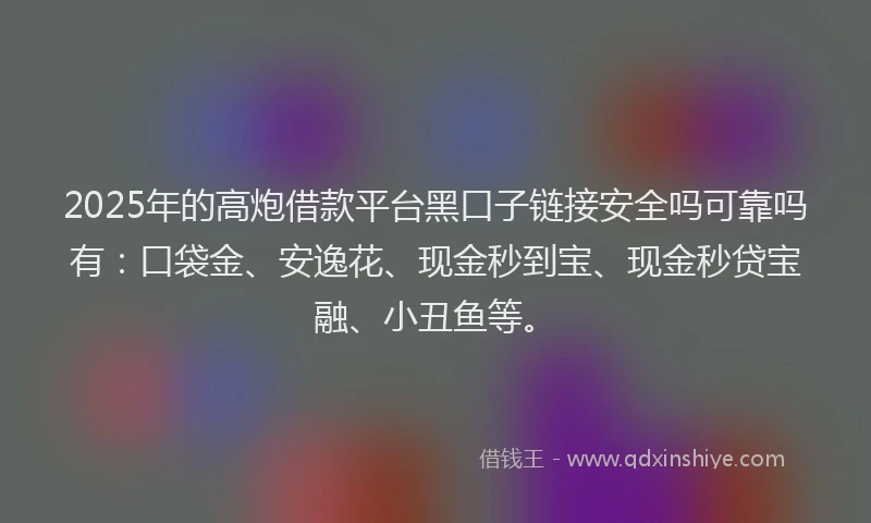 2025年的高炮借款平台黑口子链接安全吗可靠吗有：口袋金、安逸花、现金秒到宝、现金秒贷宝融、小丑鱼等。