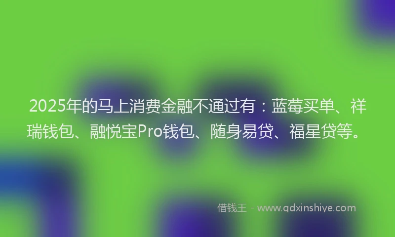 2025年的马上消费金融不通过有：蓝莓买单、祥瑞钱包、融悦宝Pro钱包、随身易贷、福星贷等。