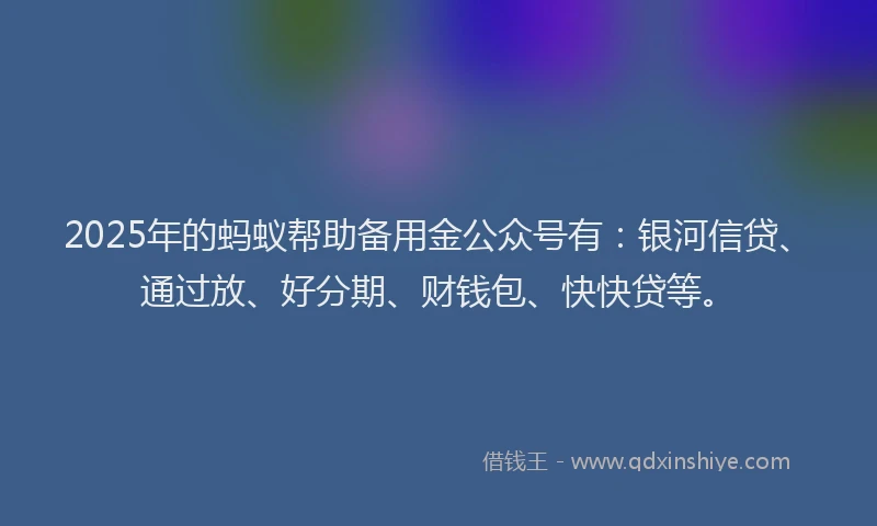 2025年的蚂蚁帮助备用金公众号有：银河信贷、通过放、好分期、财钱包、快快贷等。