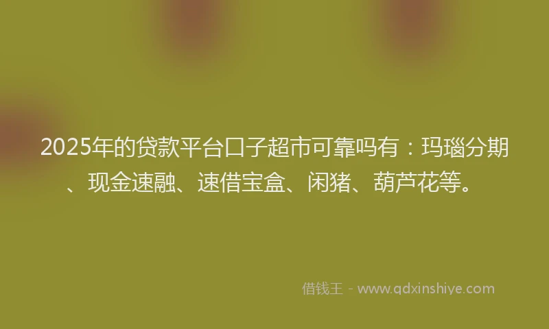 2025年的贷款平台口子超市可靠吗有:玛瑙分期、现金速融、速借宝盒、闲猪、葫芦花等。