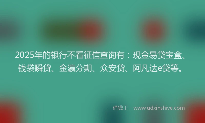 2025年的银行不看征信查询有:现金易贷宝盒、钱袋瞬贷、金瀛分期、众安贷、阿凡达e贷等。
