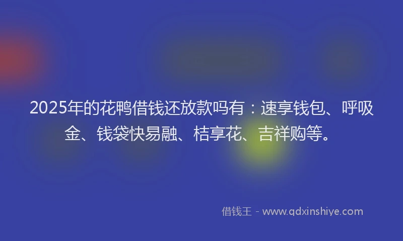 2025年的花鸭借钱还放款吗有:速享钱包、呼吸金、钱袋快易融、桔享花、吉祥购等。