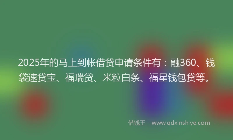 2025年的马上到帐借贷申请条件有：融360、钱袋速贷宝、福瑞贷、米粒白条、福星钱包贷等。