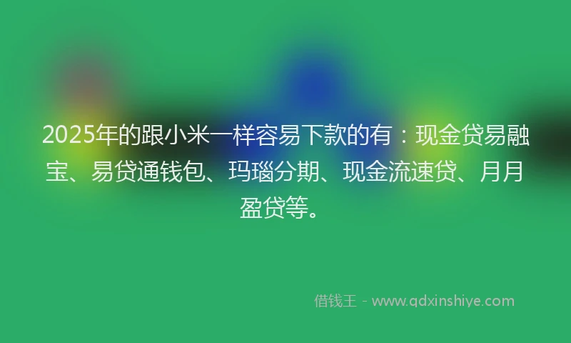 2025年的跟小米一样容易下款的有：现金贷易融宝、易贷通钱包、玛瑙分期、现金流速贷、月月盈贷等。
