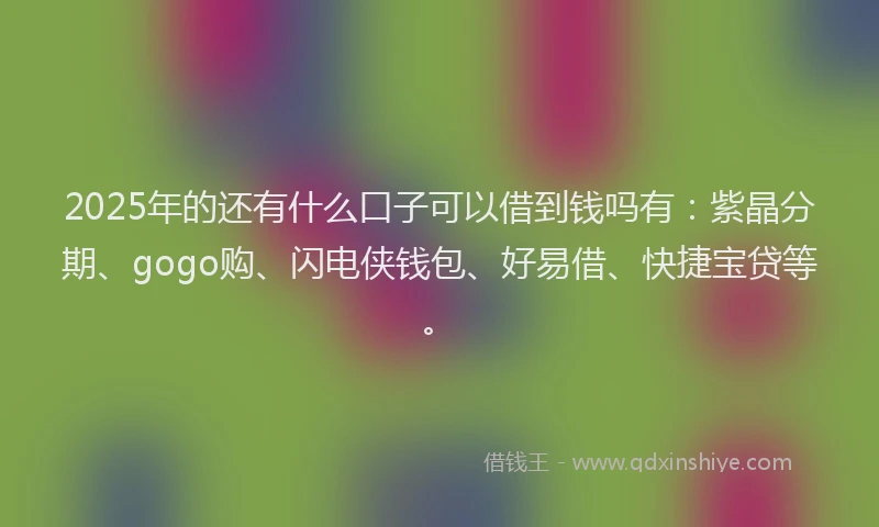 2025年的还有什么口子可以借到钱吗有：紫晶分期、gogo购、闪电侠钱包、好易借、快捷宝贷等。