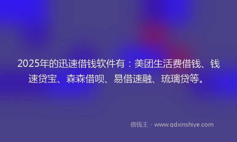 2025年的迅速借钱软件有：美团生活费借钱、钱速贷宝、森森借呗、易借速融、琉璃贷等。