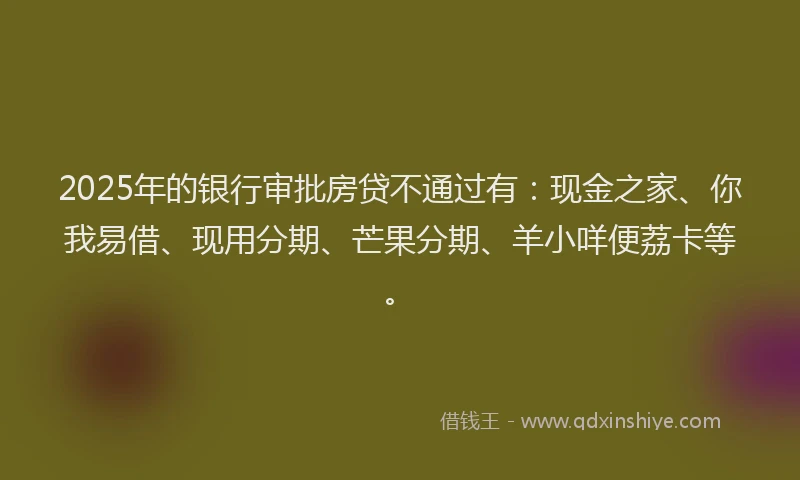 2025年的银行审批房贷不通过有:现金之家、你我易借、现用分期、芒果分期、羊小咩便荔卡等。