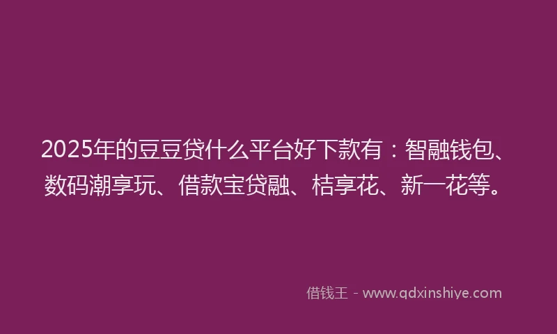 2025年的豆豆贷什么平台好下款有：智融钱包、数码潮享玩、借款宝贷融、桔享花、新一花等。
