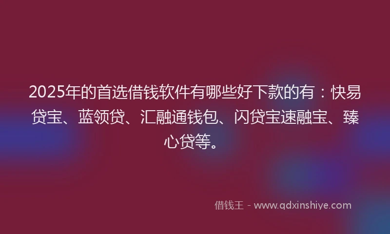 2025年的首选借钱软件有哪些好下款的有:快易贷宝、蓝领贷、汇融通钱包、闪贷宝速融宝、臻心贷等。