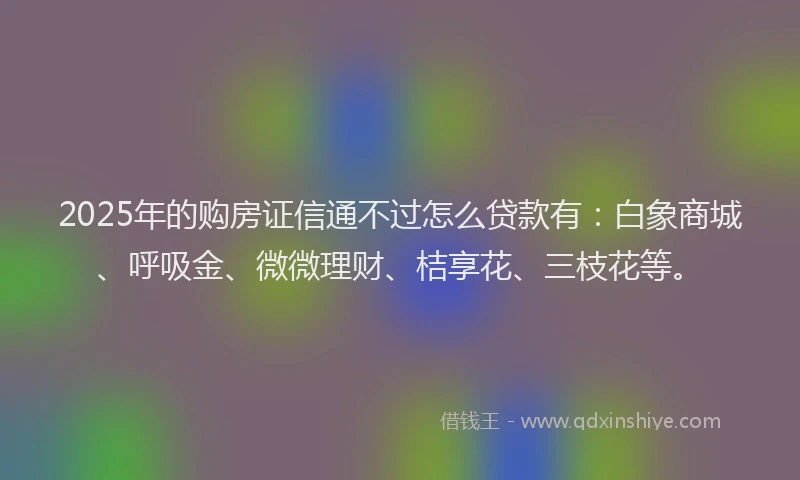 2025年的购房证信通不过怎么贷款有:白象商城、呼吸金、微微理财、桔享花、三枝花等。