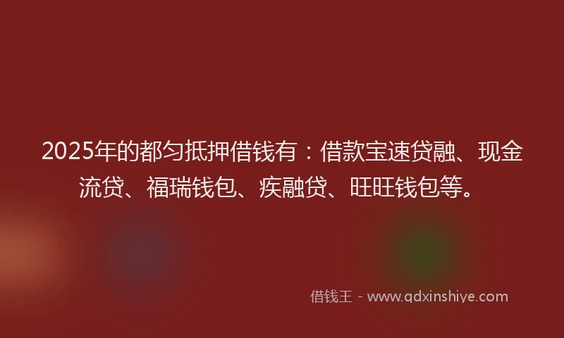 2025年的都匀抵押借钱有:借款宝速贷融、现金流贷、福瑞钱包、疾融贷、旺旺钱包等。