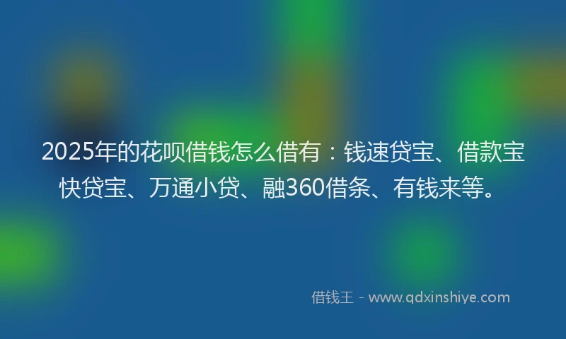 2025年的花呗借钱怎么借有:钱速贷宝、借款宝快贷宝、万通小贷、融360借条、有钱来等。