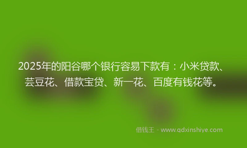 2025年的阳谷哪个银行容易下款有:小米贷款、芸豆花、借款宝贷、新一花、百度有钱花等。