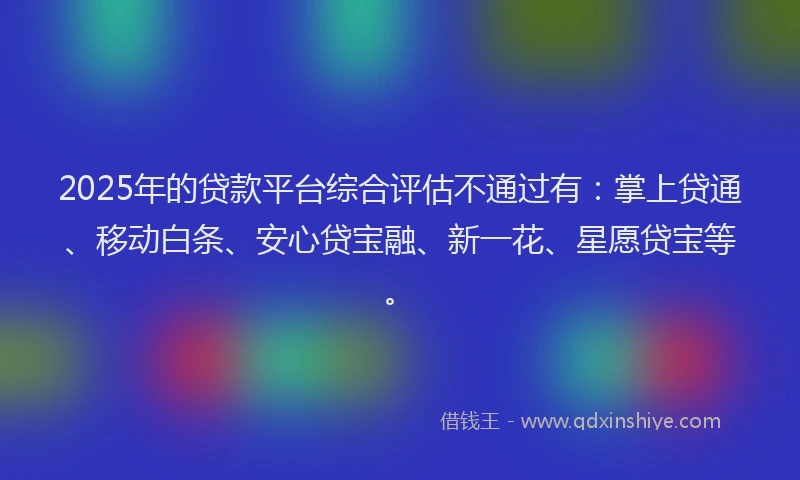 2025年的贷款平台综合评估不通过有:掌上贷通、移动白条、安心贷宝融、新一花、星愿贷宝等。