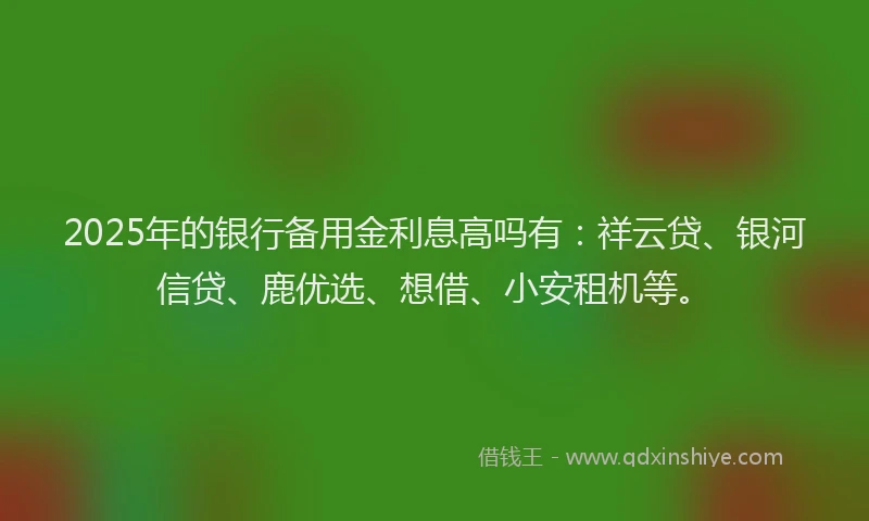 2025年的银行备用金利息高吗有:祥云贷、银河信贷、鹿优选、想借、小安租机等。