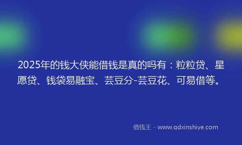 2025年的钱大侠能借钱是真的吗有：粒粒贷、星愿贷、钱袋易融宝、芸豆分-芸豆花、可易借等。