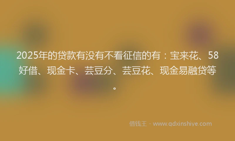 2025年的贷款有没有不看征信的有:宝来花、58好借、现金卡、芸豆分、芸豆花、现金易融贷等。
