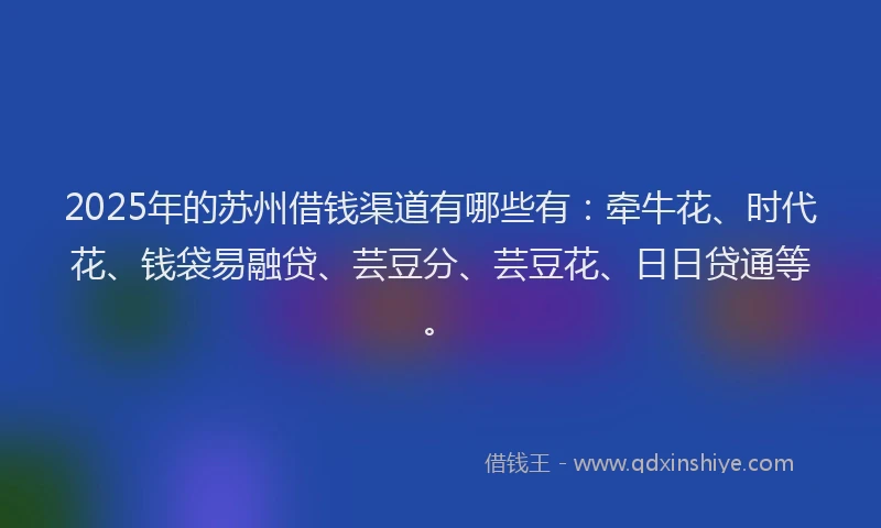 2025年的苏州借钱渠道有哪些有：牵牛花、时代花、钱袋易融贷、芸豆分、芸豆花、日日贷通等。