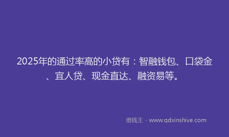 2025年的通过率高的小贷有:智融钱包、口袋金、宜人贷、现金直达、融资易等。