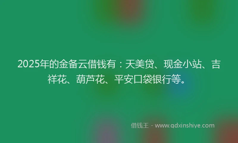 2025年的金备云借钱有：天美贷、现金小站、吉祥花、葫芦花、平安口袋银行等。