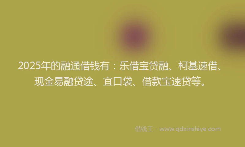 2025年的融通借钱有：乐借宝贷融、柯基速借、现金易融贷途、宜口袋、借款宝速贷等。