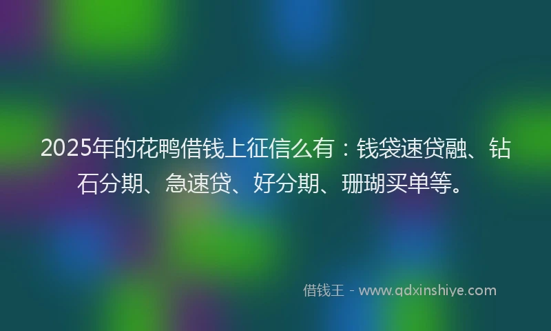 2025年的花鸭借钱上征信么有：钱袋速贷融、钻石分期、急速贷、好分期、珊瑚买单等。