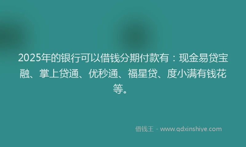 2025年的银行可以借钱分期付款有:现金易贷宝融、掌上贷通、优秒通、福星贷、度小满有钱花等。
