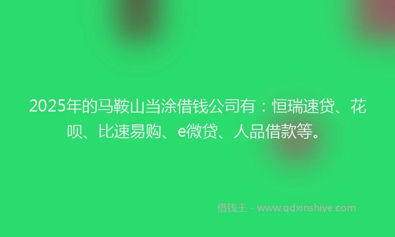 2025年的马鞍山当涂借钱公司有:恒瑞速贷、花呗、比速易购、e微贷、人品借款等。