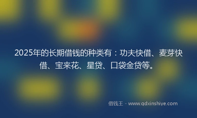 2025年的长期借钱的种类有：功夫快借、麦芽快借、宝来花、星贷、口袋金贷等。
