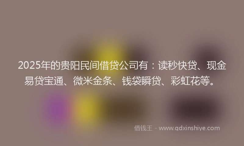 2025年的贵阳民间借贷公司有:读秒快贷、现金易贷宝通、微米金条、钱袋瞬贷、彩虹花等。