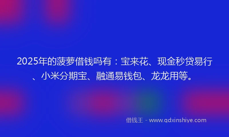 2025年的菠萝借钱吗有：宝来花、现金秒贷易行、小米分期宝、融通易钱包、龙龙用等。