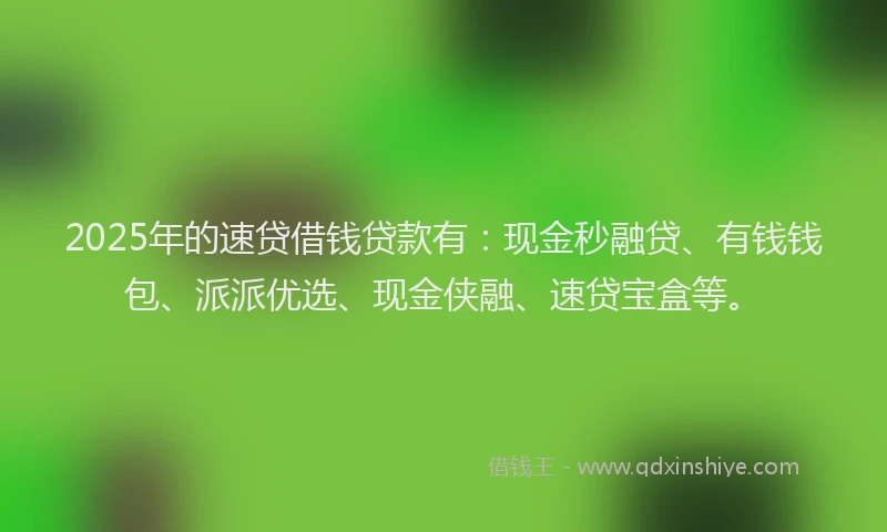 2025年的速贷借钱贷款有:现金秒融贷、有钱钱包、派派优选、现金侠融、速贷宝盒等。