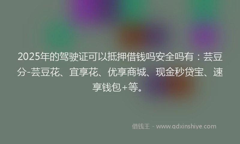 2025年的驾驶证可以抵押借钱吗安全吗有:芸豆分-芸豆花、宜享花、优享商城、现金秒贷宝、速享钱包+等。