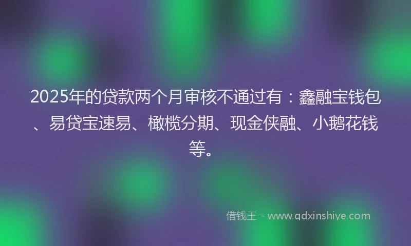 2025年的贷款两个月审核不通过有:鑫融宝钱包、易贷宝速易、橄榄分期、现金侠融、小鹅花钱等。