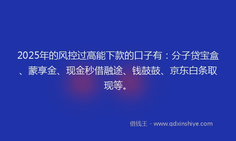 2025年的风控过高能下款的口子有:分子贷宝盒、蒙享金、现金秒借融途、钱鼓鼓、京东白条取现等。