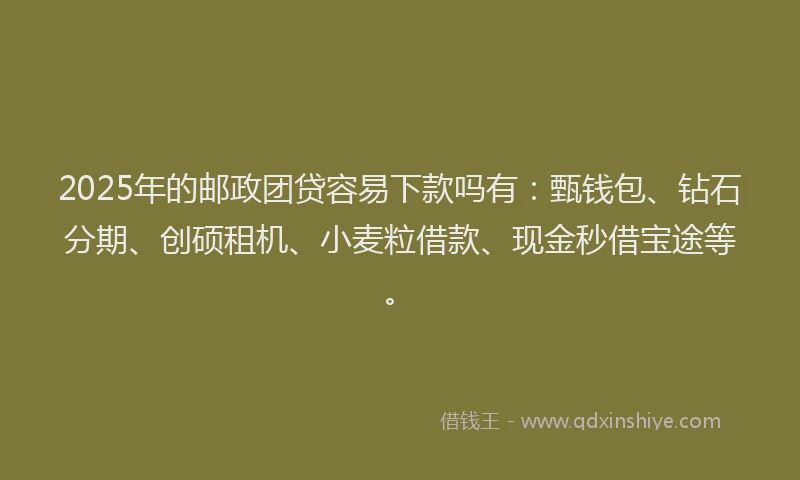 2025年的邮政团贷容易下款吗有：甄钱包、钻石分期、创硕租机、小麦粒借款、现金秒借宝途等。