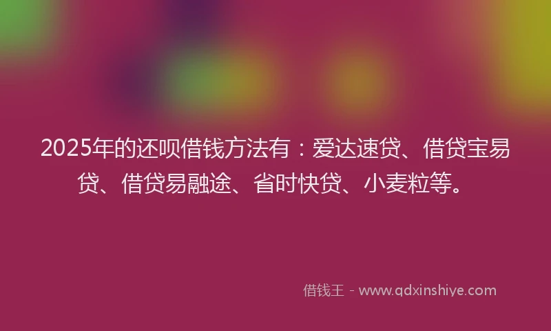 2025年的还呗借钱方法有：爱达速贷、借贷宝易贷、借贷易融途、省时快贷、小麦粒等。
