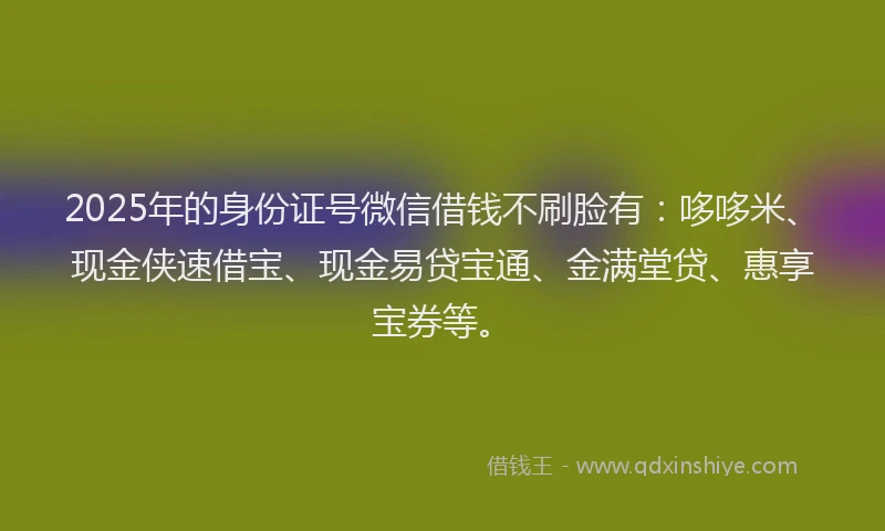 2025年的身份证号微信借钱不刷脸有:哆哆米、现金侠速借宝、现金易贷宝通、金满堂贷、惠享宝券等。