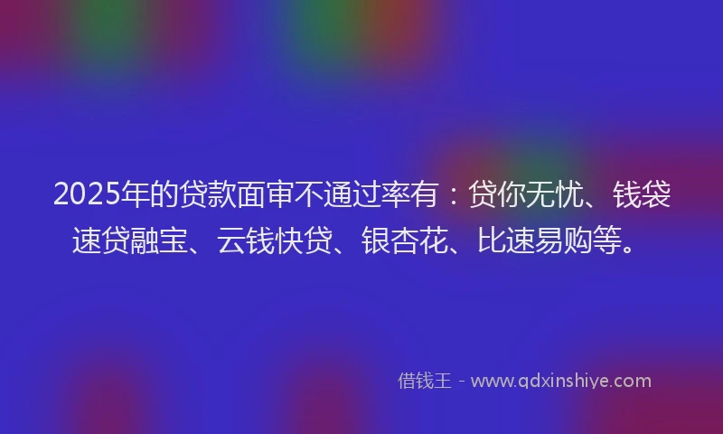 2025年的贷款面审不通过率有:贷你无忧、钱袋速贷融宝、云钱快贷、银杏花、比速易购等。