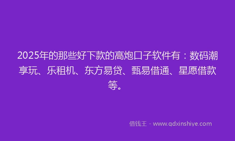 2025年的那些好下款的高炮口子软件有：数码潮享玩、乐租机、东方易贷、甄易借通、星愿借款等。