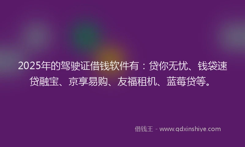2025年的驾驶证借钱软件有:贷你无忧、钱袋速贷融宝、京享易购、友福租机、蓝莓贷等。