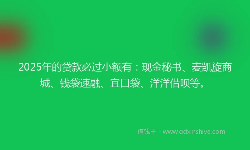 2025年的贷款必过小额有:现金秘书、麦凯旋商城、钱袋速融、宜口袋、洋洋借呗等。