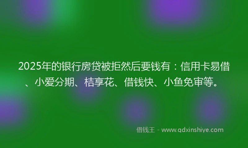 2025年的银行房贷被拒然后要钱有：信用卡易借、小爱分期、桔享花、借钱快、小鱼免审等。