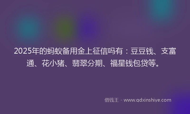 2025年的蚂蚁备用金上征信吗有：豆豆钱、支富通、花小猪、翡翠分期、福星钱包贷等。